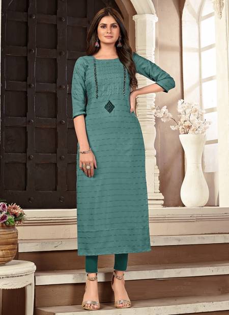 Light Teal Colour Latest Fancy Ethnic Wear Viscose Embroidery Work Kurti Collection Kalindi1056